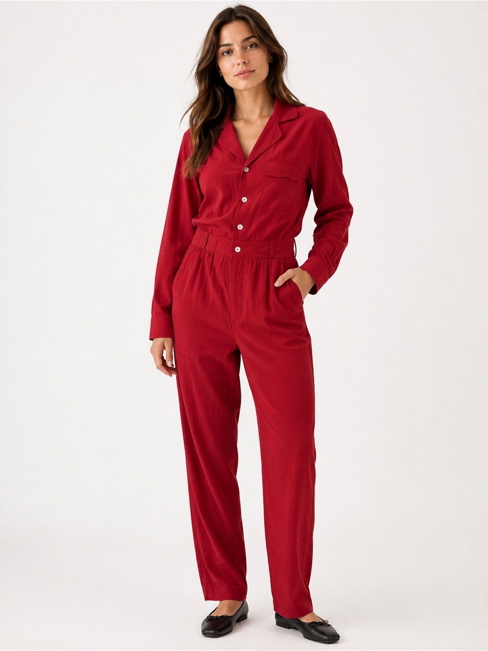 Jen’s Pirate Booty Dolly Red Utility Jumpsuit XS Rayon Button Front Workwear